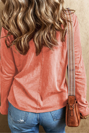 Fresh Salmon Floral Patchwork V Neck Long Sleeve T Shirt