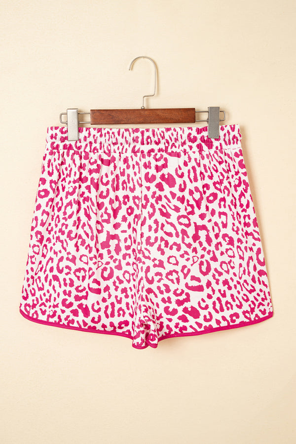 Pink Leopard Elastic Waistband Lace up Contrast Trim Casual Shorts
