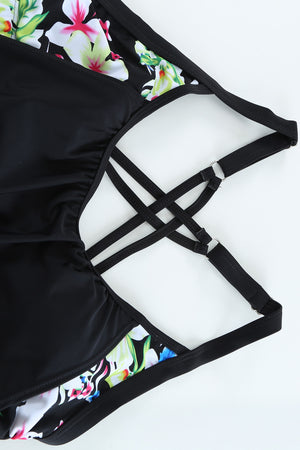 Black Layered-Style Floral Tankini with Triangular Briefs