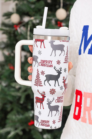 White Merry Christmas Tree Snowflake Elk Print Handle Tumbler