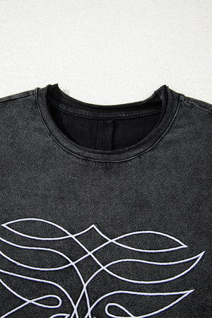 Black Floral Embroidered Mineral Wash Crew Neck T Shirt