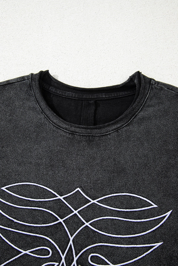 Black Floral Embroidered Mineral Wash Crew Neck T Shirt