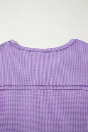 Purple Exposed Seam Half Sleeve Knitted V Neck Textured Top