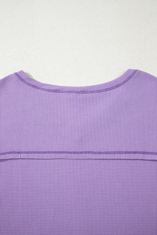 Purple Exposed Seam Half Sleeve Knitted V Neck Textured Top