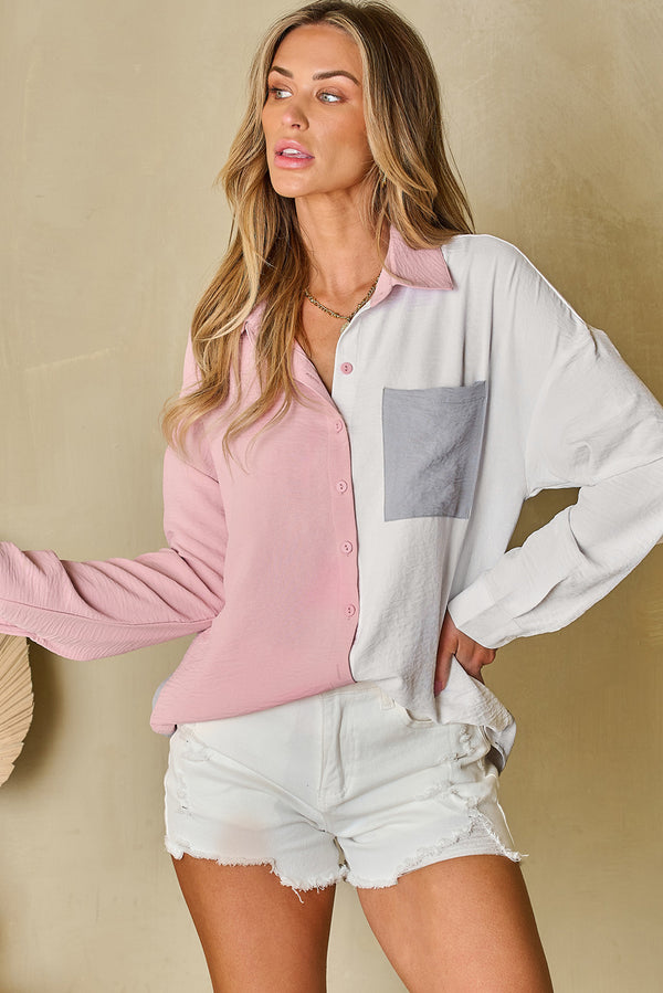 Dusty Pink Color Block/Pure Color Patch Pocket Shirt