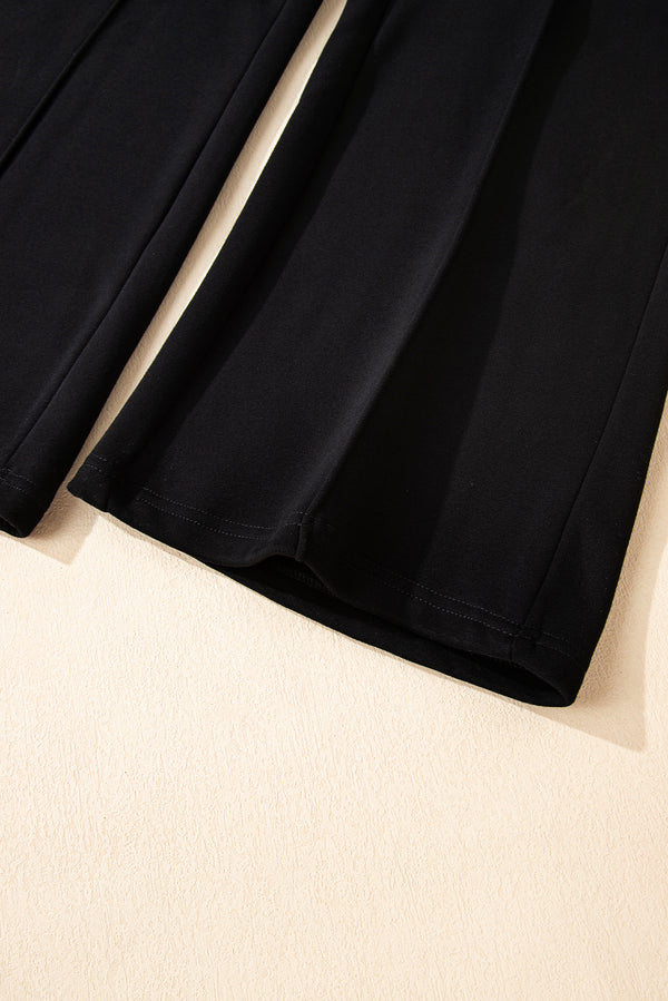 Black Solid Collared Sweatshirt and High Waist Pants Active Set