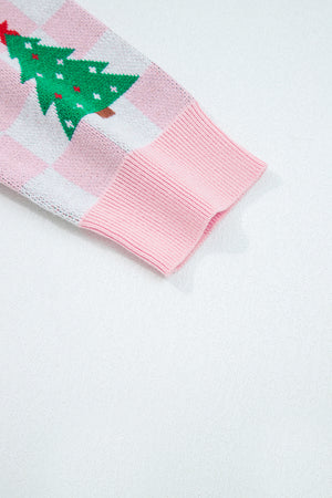 Pink Checkered Christmas Tree Pattern Button V Neck Cardigan Sweater