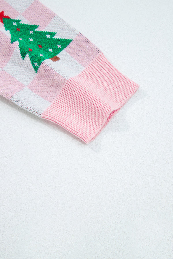 Pink Checkered Christmas Tree Pattern Button V Neck Cardigan Sweater