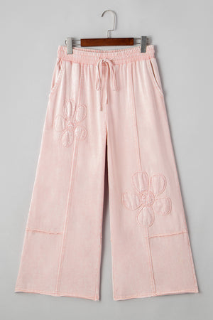 Pink Flower Patch Mineral Washed Terry Knit Cropped Wide Leg Pants