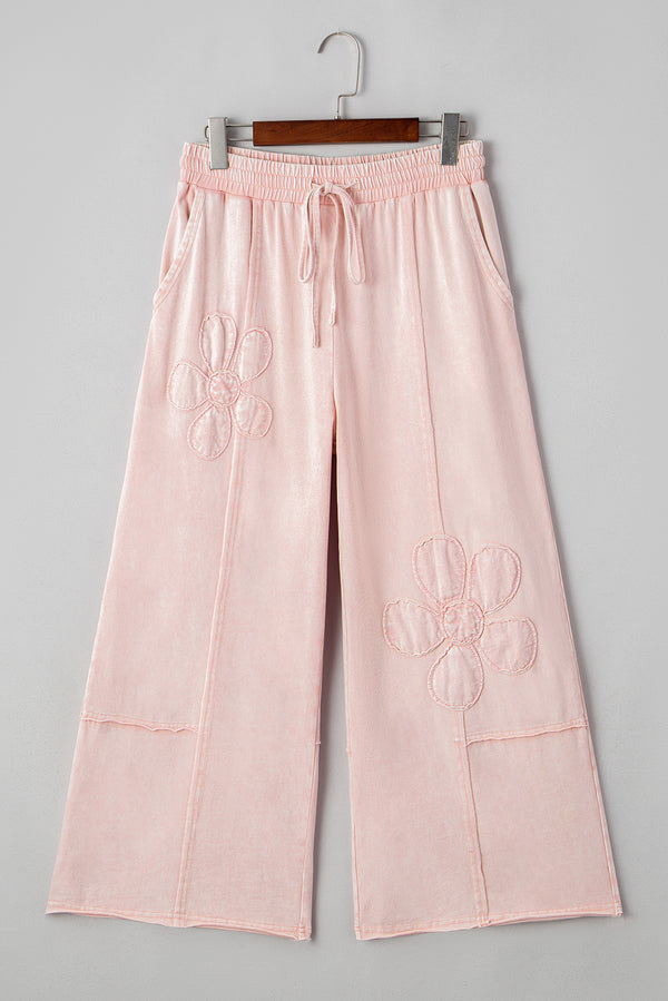 Pink Flower Patch Mineral Washed Terry Knit Cropped Wide Leg Pants