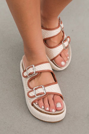 Beige Linen Dual Buckle Strap Thick Sole Outdoor Slippers
