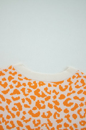 Orange Leopard Drop Shoulder Chunky Knitted Cardigan Sweater