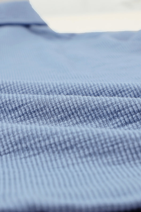 Sky Blue Button Front Turn-down Neck Knit Top
