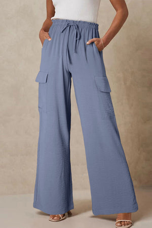 Dark Grey Drawstring Frilled Elastic Waistband Wide Leg Utility Trousers