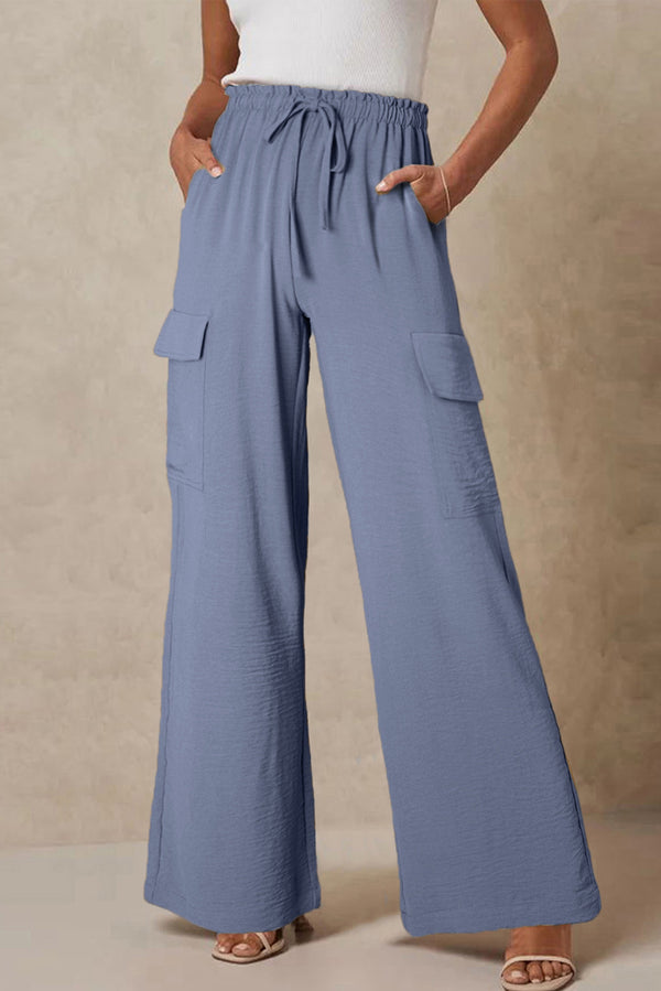 Dark Grey Drawstring Frilled Elastic Waistband Wide Leg Utility Trousers