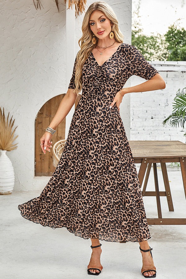 Brown Mesh Leopard Floral Reversible V Neck Short Sleeve Dress