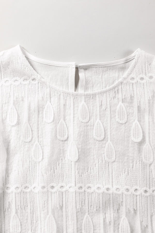 Beige Embroidered Mesh Flounce Sleeve Blouse
