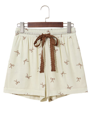 White Bow Print Lace Drawstring Elastic Waistband Casual Shorts