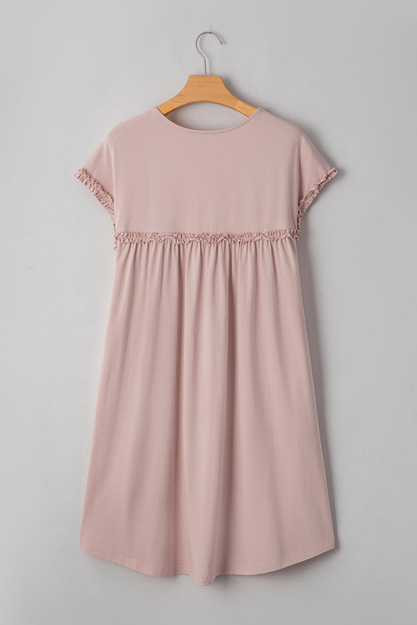 Oatmeal Frilled Trim Crew Neck Loose Fit Mini Dress