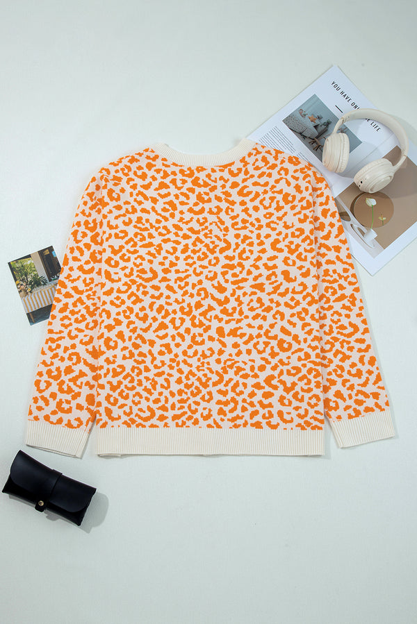Orange Leopard Drop Shoulder Chunky Knitted Cardigan Sweater