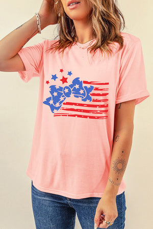 Pink Stars and Stripes Bow Knot Crew Neck T Shirt