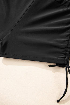 Black Striped Halter Top Drawstring Ruched High Waisted Bikini