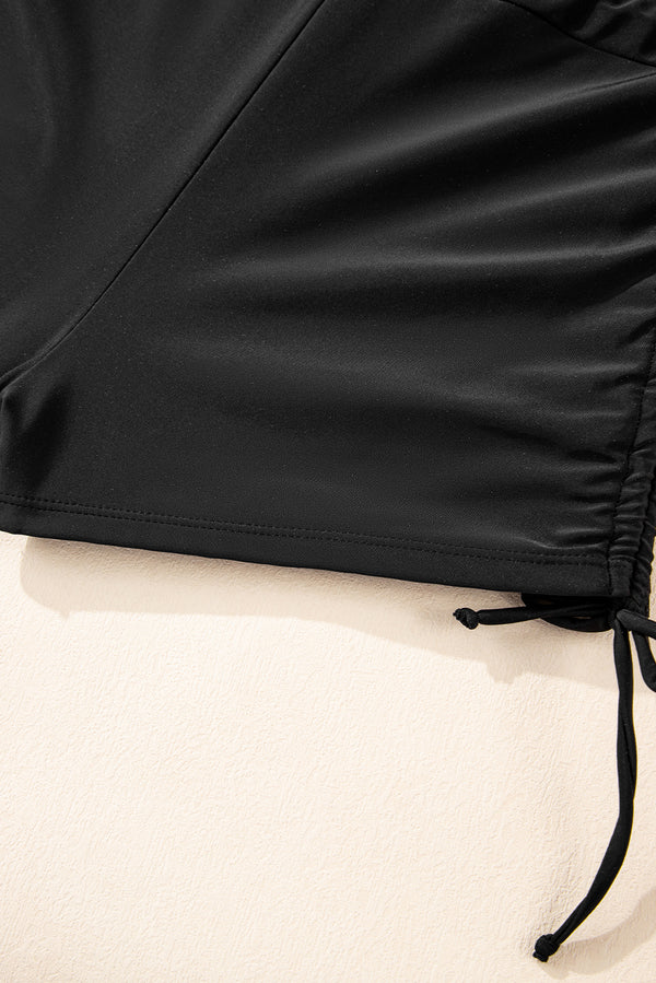 Black Striped Halter Top Drawstring Ruched High Waisted Bikini