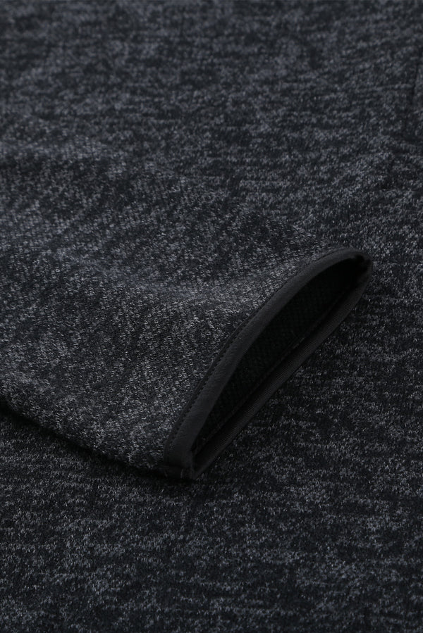 Black Heathered Print Button Snap Neck Pullover Hoodie