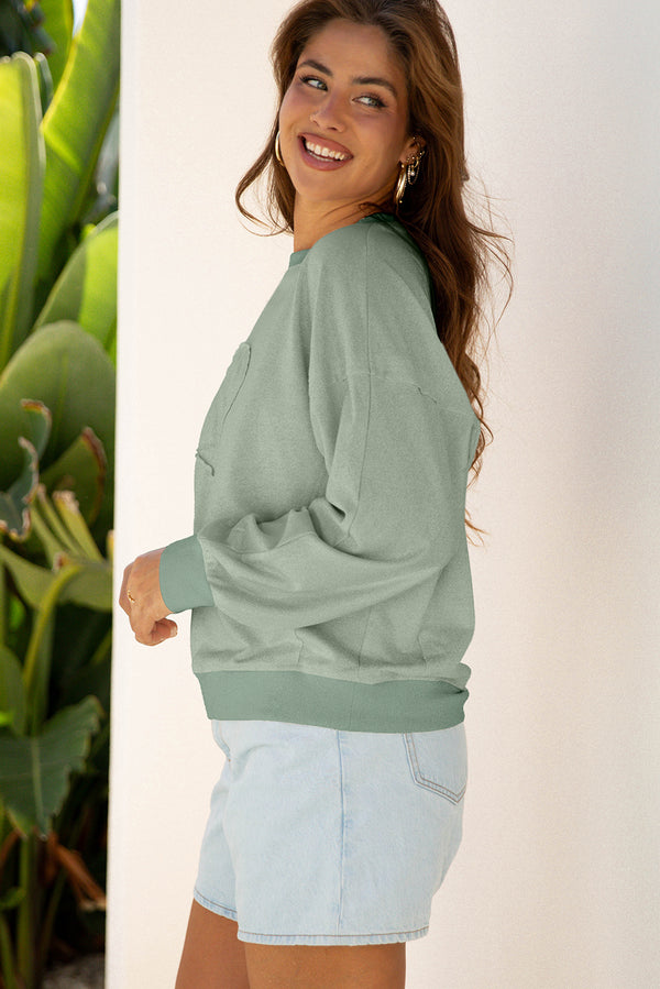 Smoke Green Raw Edge Flower Patch Drop Shoulder Casual Top