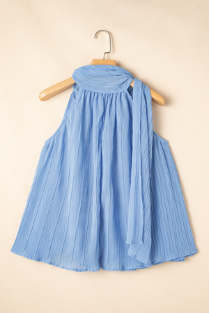 Myosotis Textured Pleated Tied Mock Neck  Flowy Tank Top