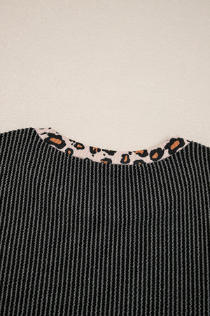 Carbon Grey Twisted Rib Texture Leopard Patchwork Detail 2pcs Pant Set