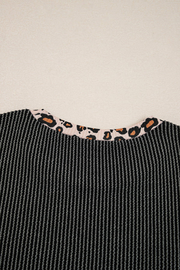 Carbon Grey Twisted Rib Texture Leopard Patchwork Detail 2pcs Pant Set