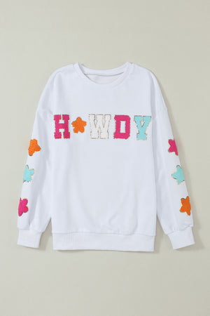 White Howdy Glitter Chenille Patch Graphic Casual Sweatshirt