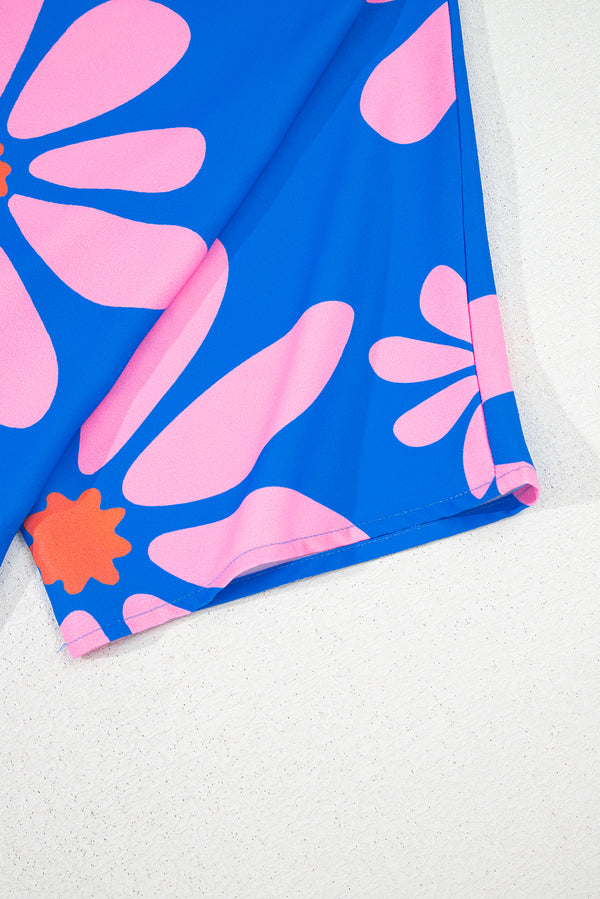 Blue Summer Flower Print Shirt Collar Button Front Loose Romper