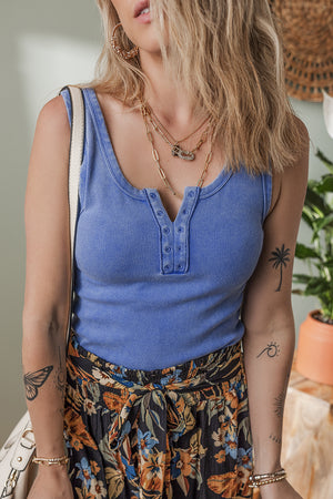 Sky Blue Mineral Wash Ribbed Notch Neck Tank Top