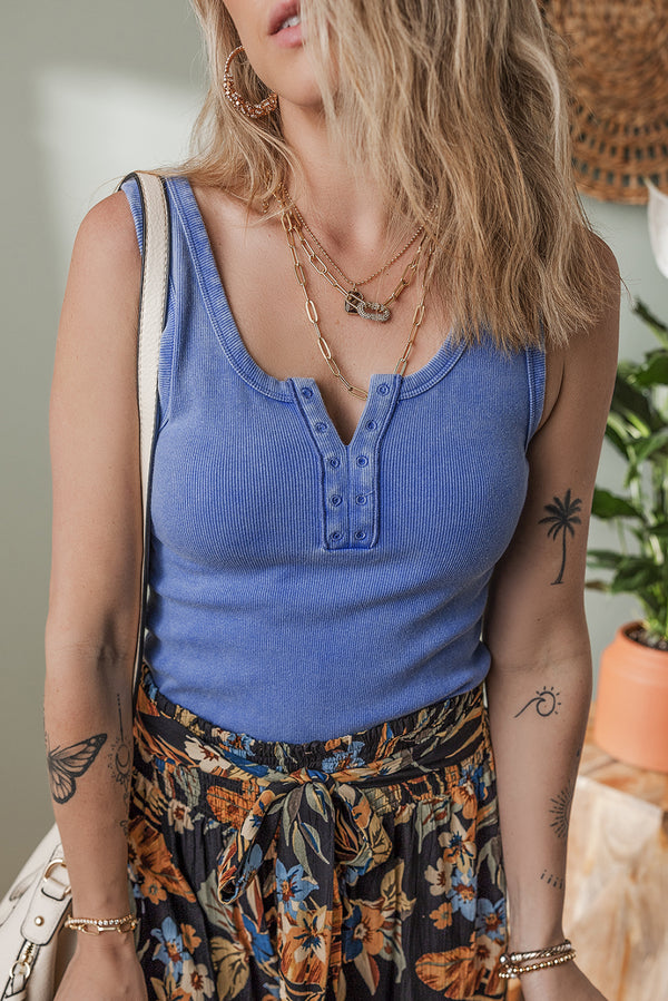 Sky Blue Mineral Wash Ribbed Notch Neck Tank Top
