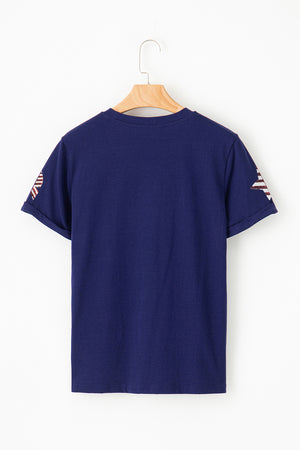 Blue Sequin USA Flag Bow Star Graphic Crewneck T Shirt