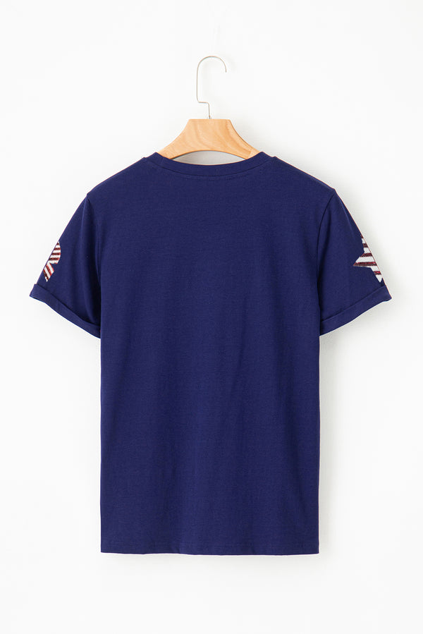 Blue Sequin USA Flag Bow Star Graphic Crewneck T Shirt