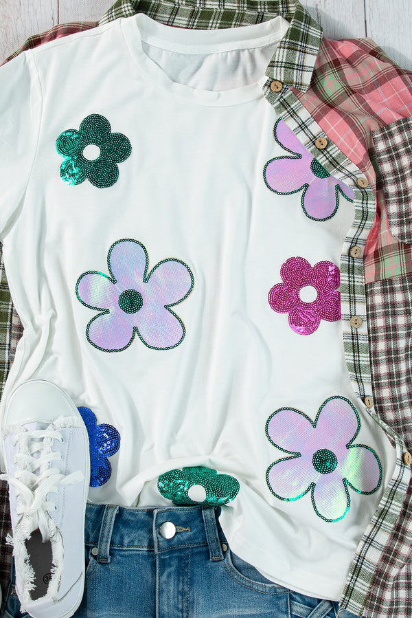 White Sequined Flower Pattern Round Neck T Shirt