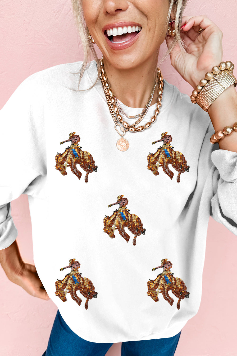 White Sequin Rodeo Patched Drop Shoulder Sweatshirt