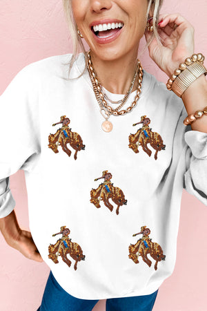 White Sequin Rodeo Patched Drop Shoulder Sweatshirt