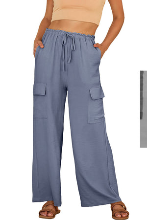 Dark Grey Drawstring Frilled Elastic Waistband Wide Leg Utility Trousers