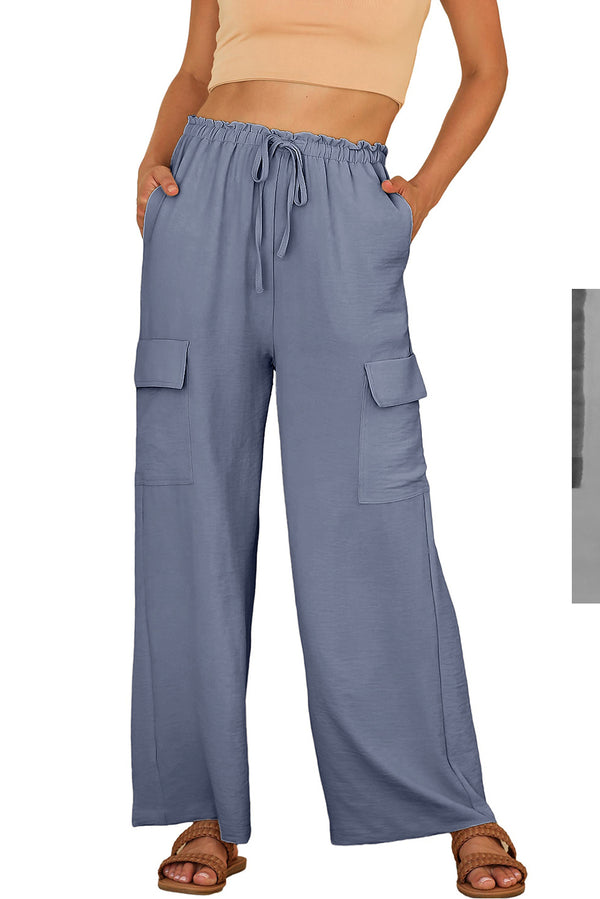 Dark Grey Drawstring Frilled Elastic Waistband Wide Leg Utility Trousers