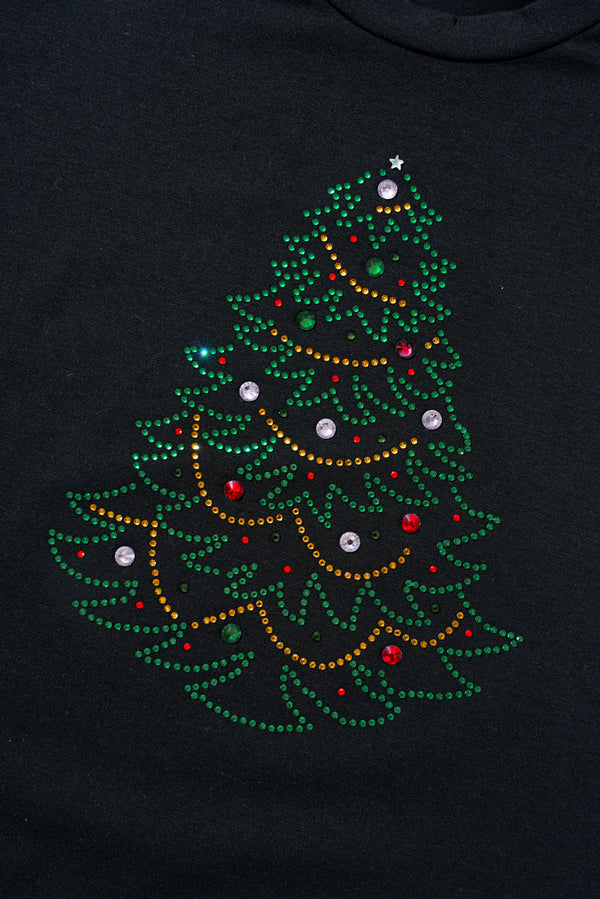 Black Rhinestone Christmas Tree Round Neck Graphic Tee