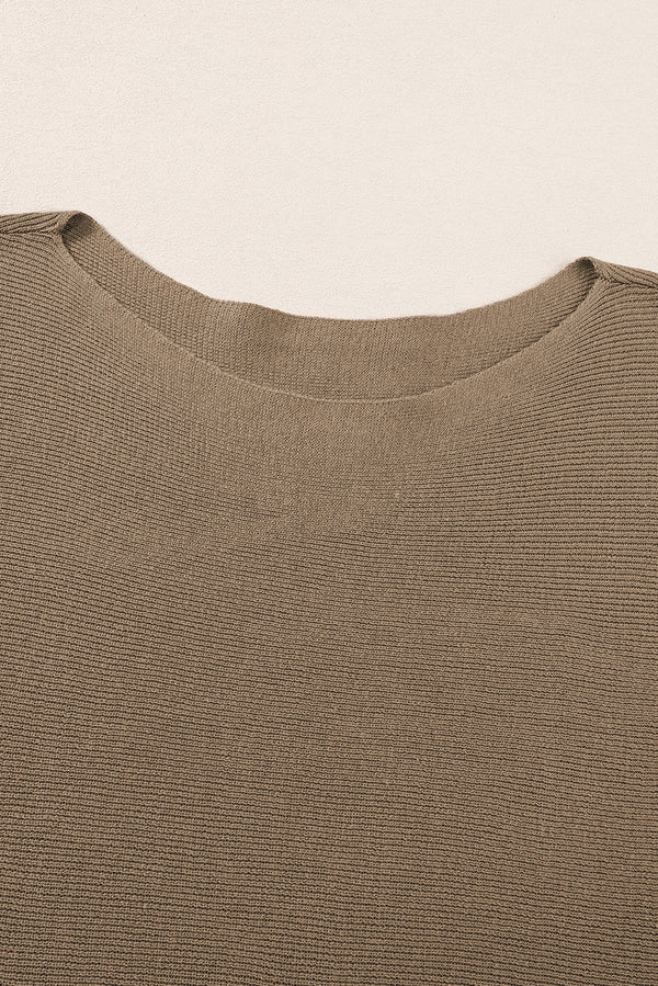 Coffee Round Neck Half Sleeve Ribbed Knit Top