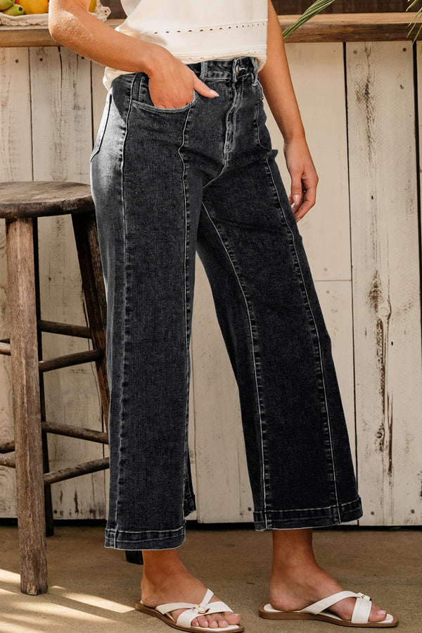 Black Plain Seam Detail Flared Bottom Ankle Length Jeans