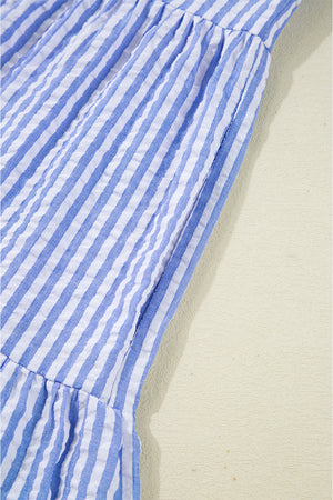 Sky Blue Stripe Bracelet Sleeve Tiered Shift Dress with Pockets