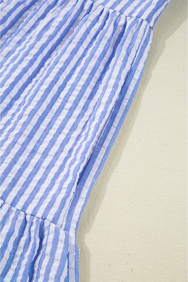 Sky Blue Stripe Bracelet Sleeve Tiered Shift Dress with Pockets
