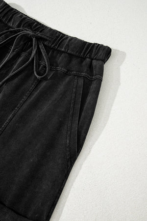 Black Mineral Wash Exposed Seam Drawstring Elastic Waistband Wide Leg Cargo Pants
