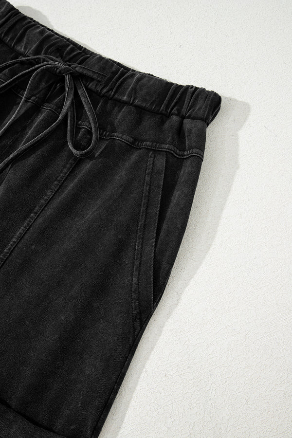 Black Mineral Wash Exposed Seam Drawstring Elastic Waistband Wide Leg Cargo Pants